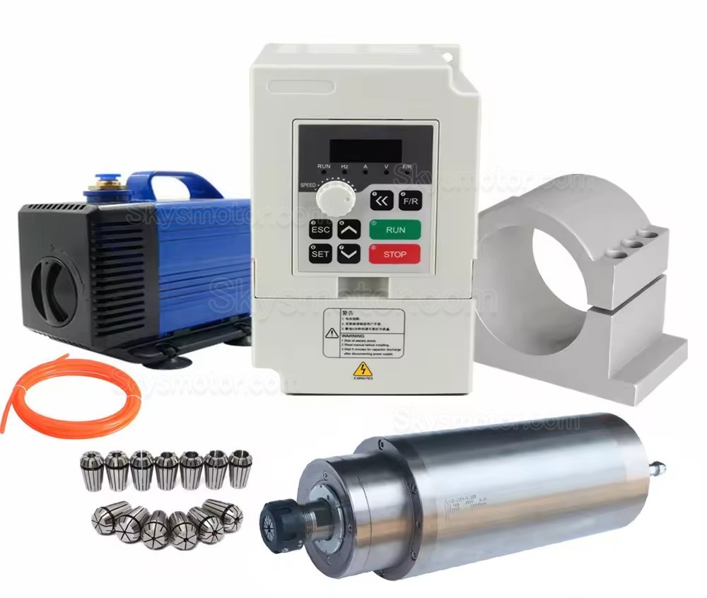 4.5KW 380V 水冷式スピンドルモーターキット JDG-125S.4.5 + H100-5.5S2/T4-1A 可変周波数ドライブ + ウォーターポンプ + ER25コレット13個 + ブラケット